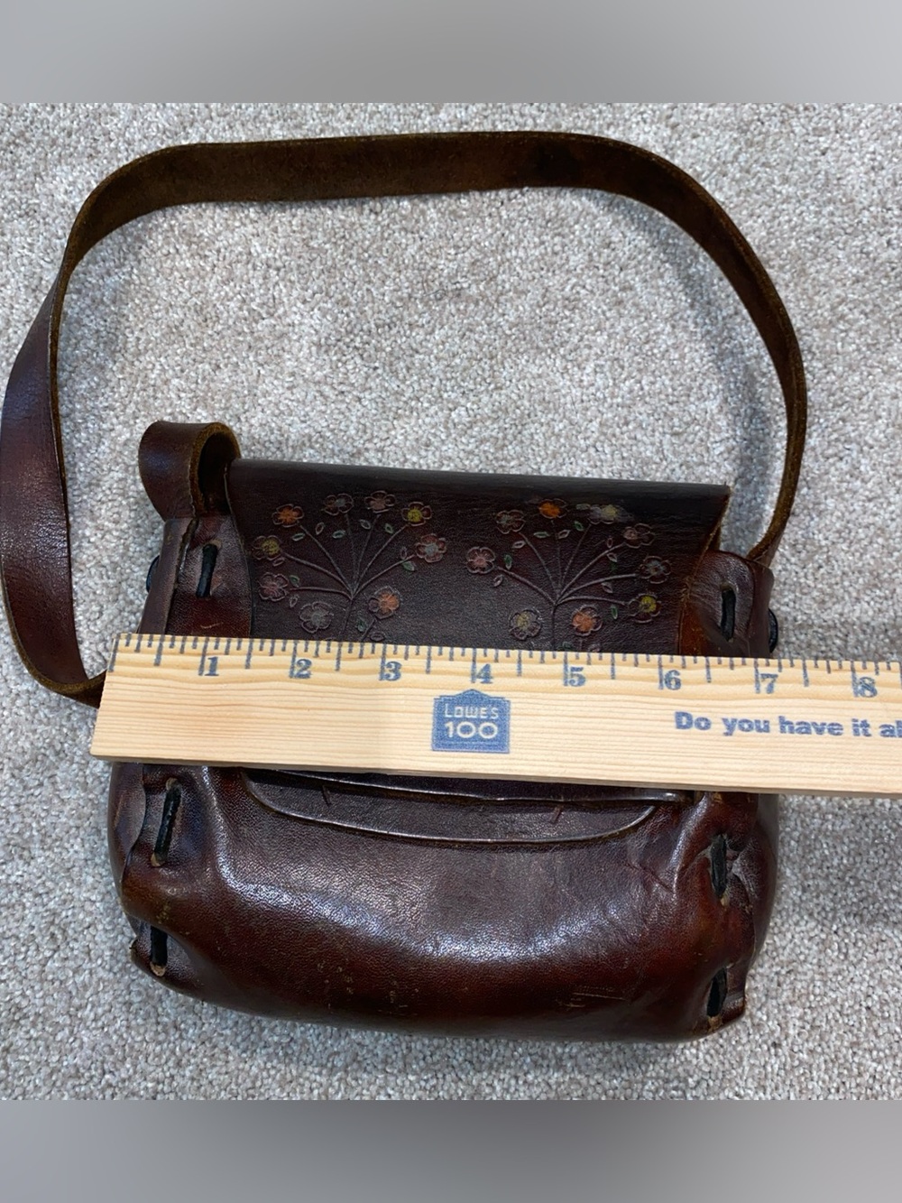 Vintage 60s / 70s Tooled Leather Hippie Boho Purse Shoulder Bag Brown Rare - Picture 8 of 10